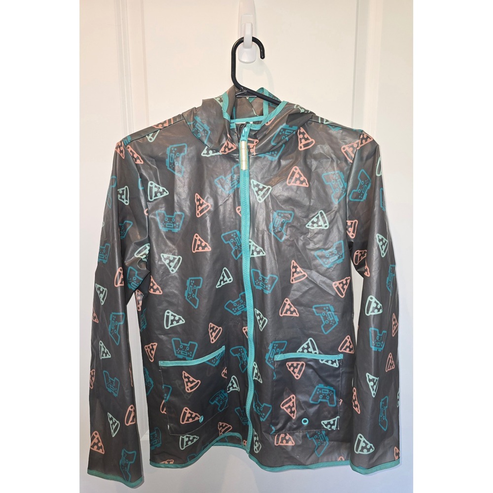 Cat & Jack Kids Pizza Video Game Controller Raincoat Gray Teal Pink L 10/12